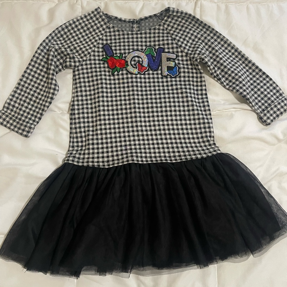 Plaid Dress with LOVE Patch and Tulle Skirt